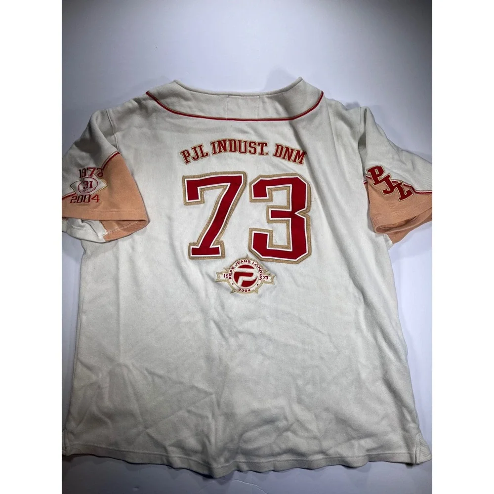Pepe Jeans Baseball Jersey Mens 3XL Cream Red 73 Anniversary Ribbed Cotton PJL
